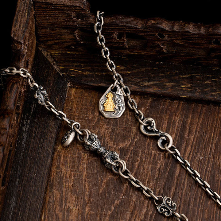 Collar de cadena de metal con bendición de Dorje Vajra de la diosa de la riqueza tibetana Zakiram blanco de plata esterlina 925 con Buddha Stones