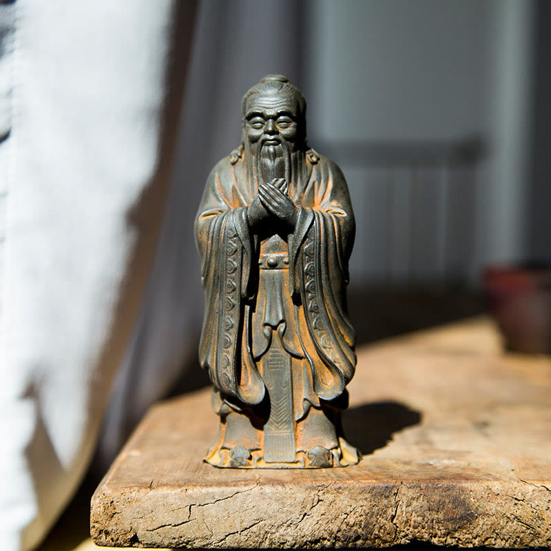 Estatua de resina fundida con óxido de hierro en polvo de Confucio hecha a mano con Buddha Stones para decoración del hogar - Versión Rust 14*4,5 cm - image 0