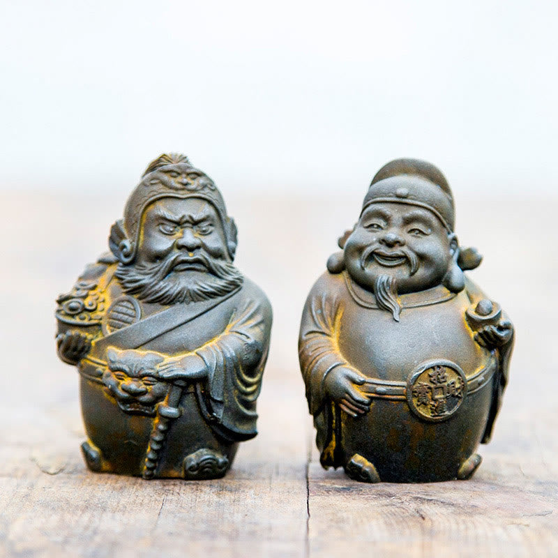 Estatua de resina fundida con óxido de hierro hecha a mano con Buddha Stones, dios militar literario de la riqueza, decoración del hogar - Versión Rust - Juego de 2 piezas - image 0