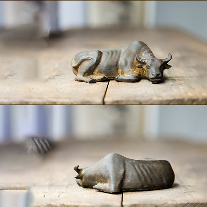 Estatua de resina fundida con óxido de hierro en polvo de toro de búfalo de agua pequeño hecha a mano con Buddha Stones para decoración del hogar