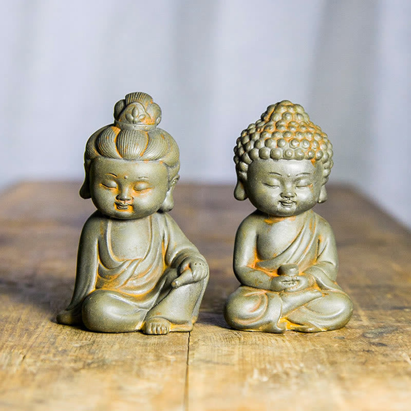 Buddha Stones hechas a mano Ksitigarbha Kwan Yin Guanyin Avalokitesvara Tathagata polvo de hierro estatua de resina fundida óxido decoración del hogar