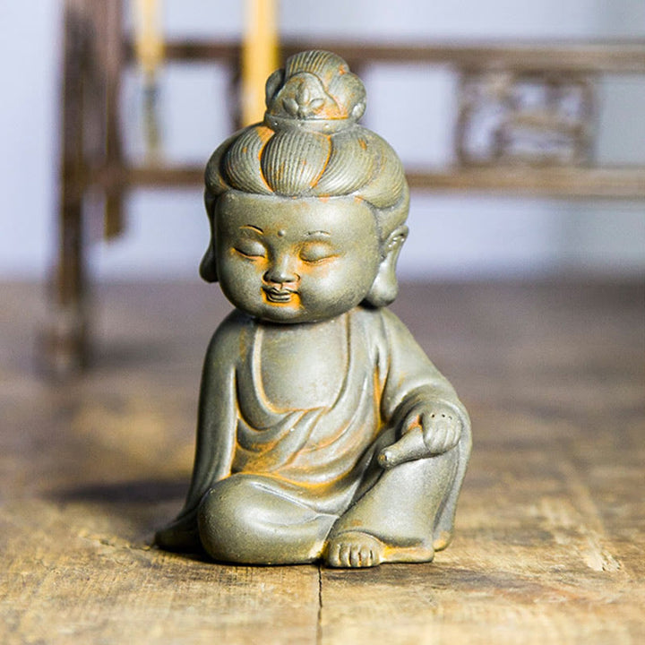 Buddha Stones hechas a mano Ksitigarbha Kwan Yin Guanyin Avalokitesvara Tathagata polvo de hierro estatua de resina fundida óxido decoración del hogar