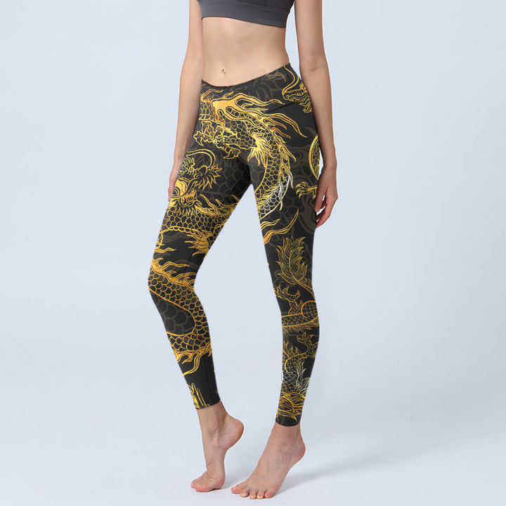 Leggings de yoga para mujer con estampado de dragón dorado y Buddha Stones - Negro - US18，UK/AU22，EU50 (4XL) - image 0