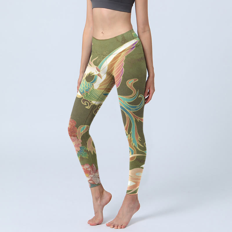 Leggings de yoga para mujer con estampado de flores de fénix vibrantes y Buddha Stones - Verde oliva - US18，UK/AU22，EU50 (4XL) - image 0