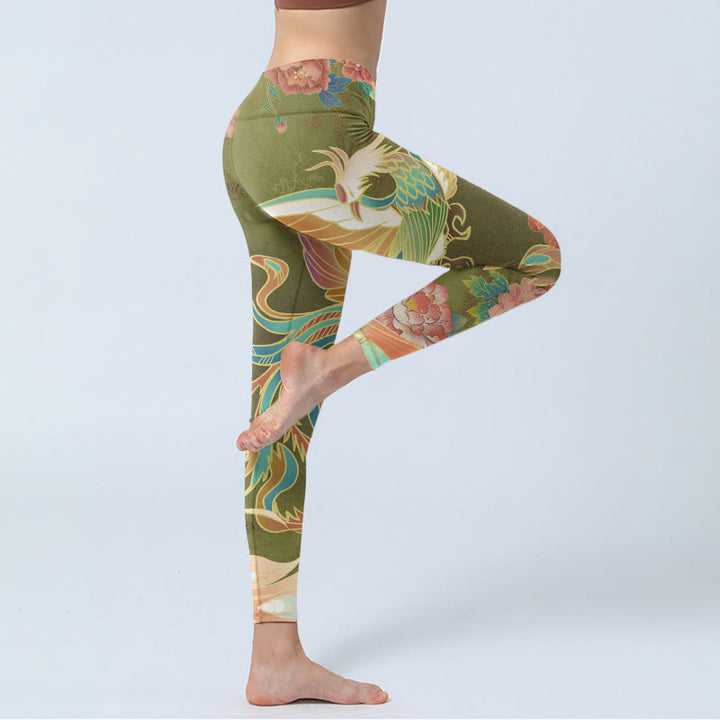 Leggings de yoga para mujer con estampado de flores de fénix vibrantes y Buddha Stones - image 4