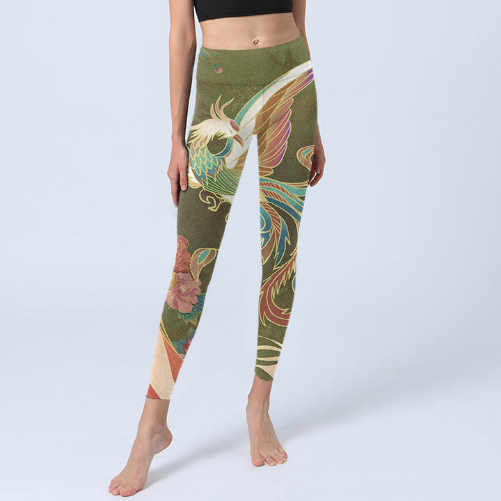 Leggings de yoga para mujer con estampado de flores de fénix vibrantes y Buddha Stones - image 5