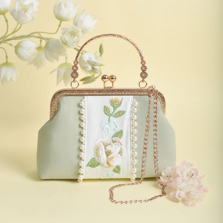 Bolso bandolera con cadena de metal y bordado de flores de doble cara con Buddha Stones y colgante de perlas
