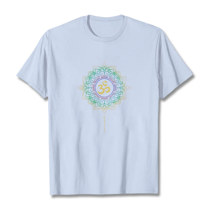 Camiseta de algodón con diseño de loto en degradado verde y amarillo con Buddha Stones OM - Cian claro - 2XL - image 7