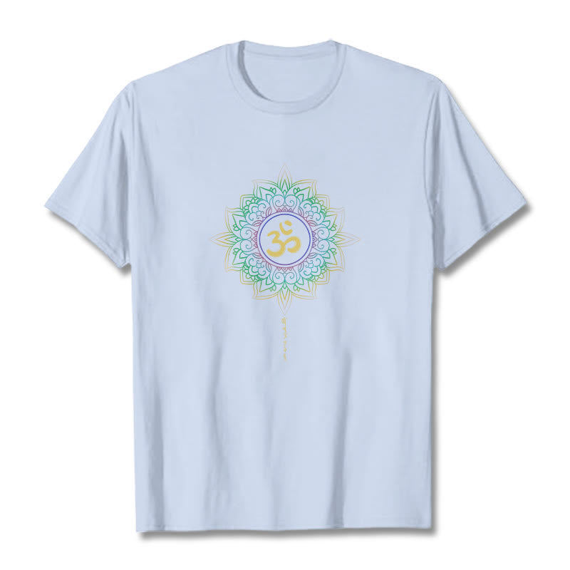 Camiseta de algodón con diseño de loto en degradado verde y amarillo con Buddha Stones OM - Cian claro - 2XL - image 8