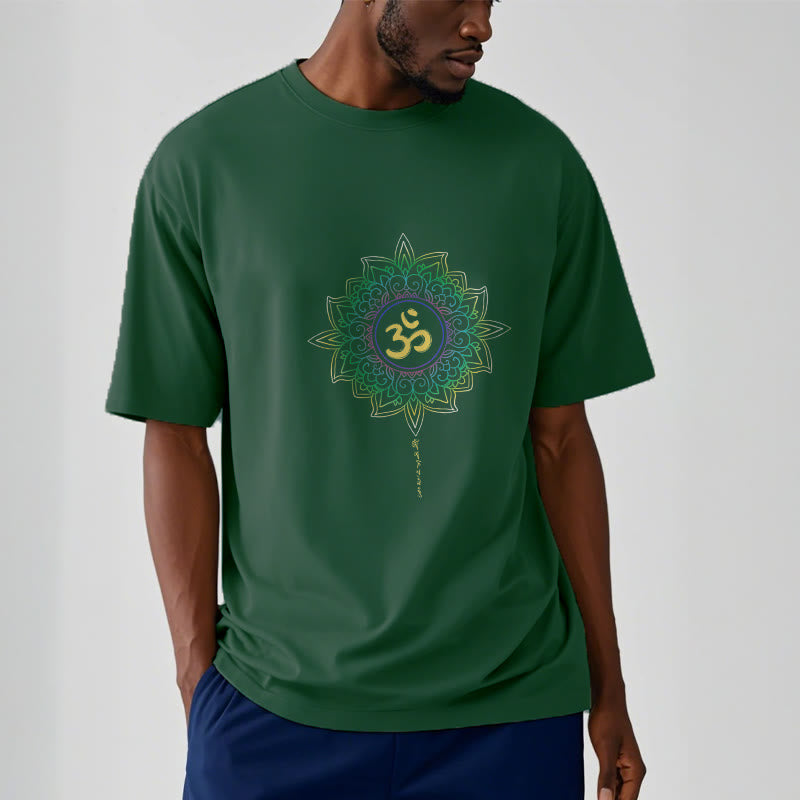 Camiseta de algodón con diseño de loto en degradado verde y amarillo con Buddha Stones OM - image 1