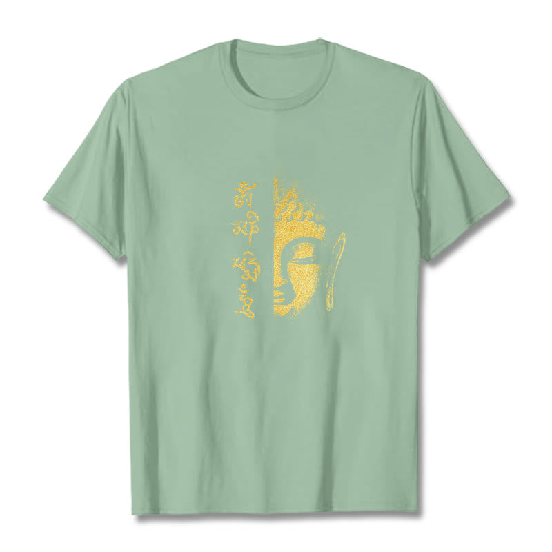 Camiseta de algodón con Buddha Stones Om Mani Padme Hum, Buda dorado - Verde pálido - 2XL - image 13