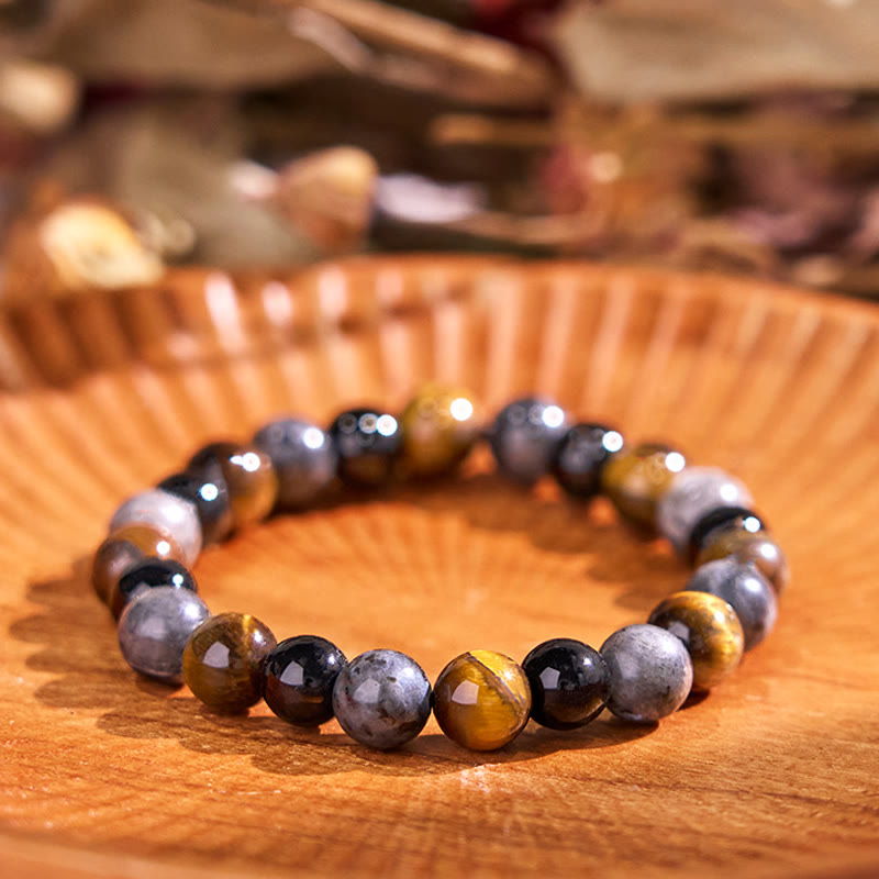 Pulsera de confianza con varias Buddha Stones y ojo de tigre - Cuentas de vidrio negro con piedra brillante de ojo de tigre (circunferencia de la muñeca: 14-16 cm) - 12 mm - image 118