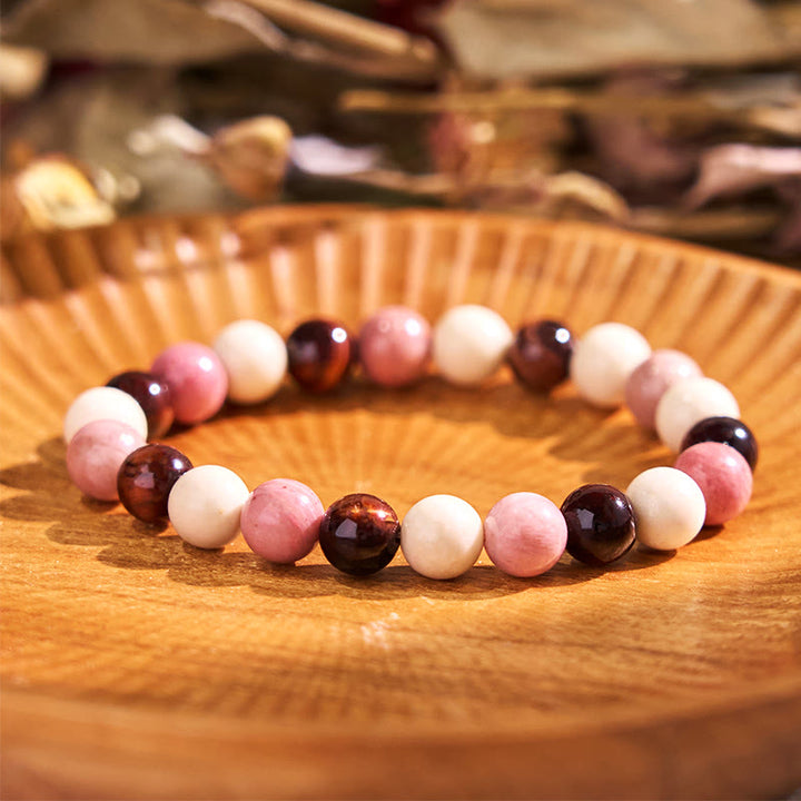 Pulsera de confianza con varias Buddha Stones y ojo de tigre - Ojo de tigre rojo, piedra blanca, rodonita (circunferencia de la muñeca: 14-16 cm) - 12 mm - image 120