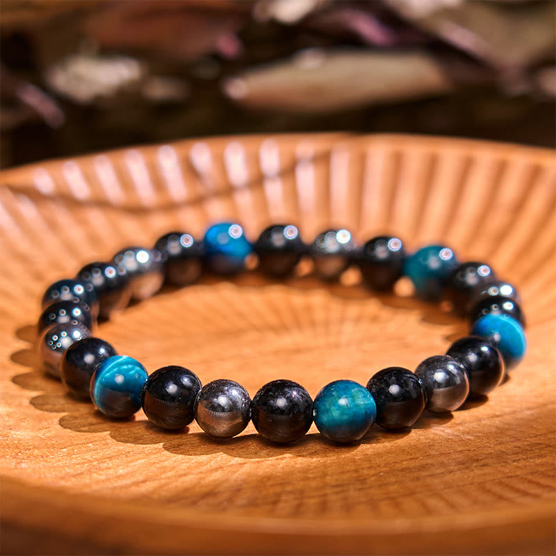 Pulsera de la calma con piedra de Buda, varios cristales, malaquita, lazurita y hemimorfita - Obsidiana hematita de ojo de tigre azul (circunferencia de la muñeca: 14-18 cm) - image 77