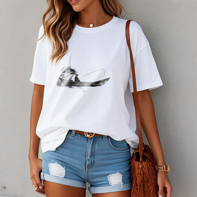 Camiseta de algodón con estampado de hierba y barco de pesca con Buddha Stones - image 7