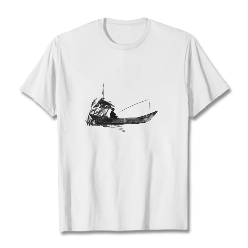 Camiseta de algodón con estampado de hierba y barco de pesca con Buddha Stones - Blanco - 2XL - image 5