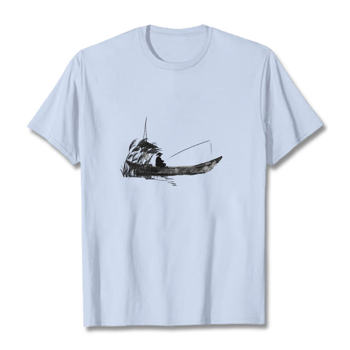 Camiseta de algodón con estampado de hierba y barco de pesca con Buddha Stones - Cian claro - 2XL - image 16