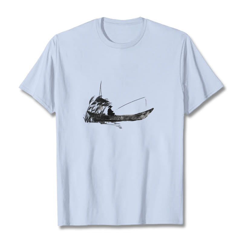 Camiseta de algodón con estampado de hierba y barco de pesca con Buddha Stones - Cian claro - 2XL - image 15