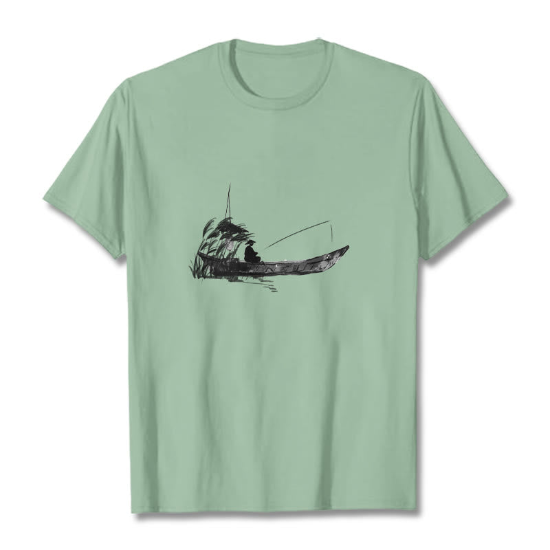 Camiseta de algodón con estampado de hierba y barco de pesca con Buddha Stones - Verde pálido - 2XL - image 16