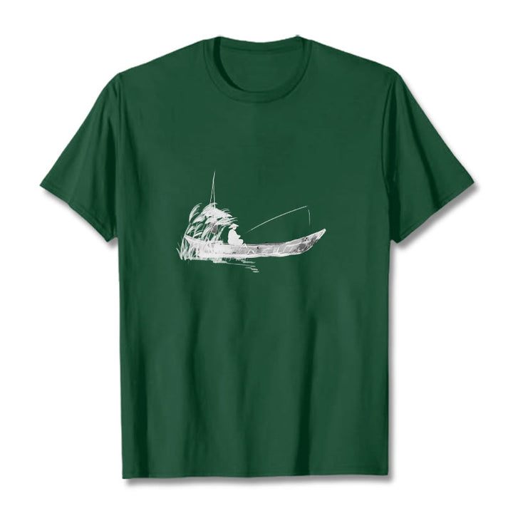 Camiseta de algodón con estampado de hierba y barco de pesca con Buddha Stones - Verde bosque - 2XL - image 2