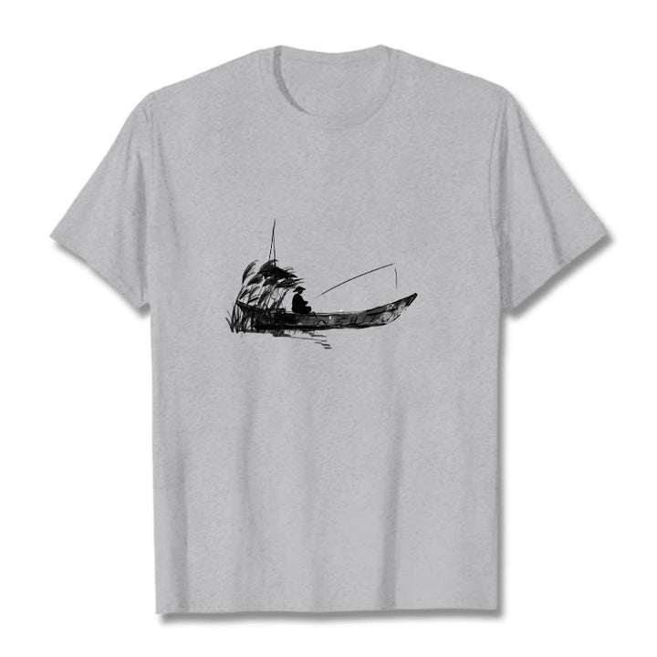 Camiseta de algodón con estampado de hierba y barco de pesca con Buddha Stones - Gris claro - 2XL - image 0