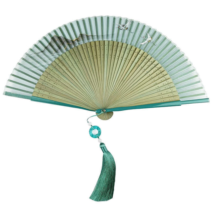 Abanico plegable de bambú de mano con diseño de grulla de río y montaña retro con Buddha Stones