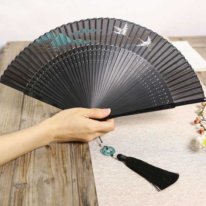 Abanico plegable de bambú de mano con diseño de grulla de río y montaña retro con Buddha Stones