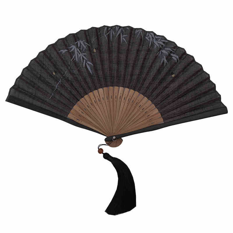 Abanico plegable de bambú con borlas y diseño de hojas de bambú y Buddha Stones