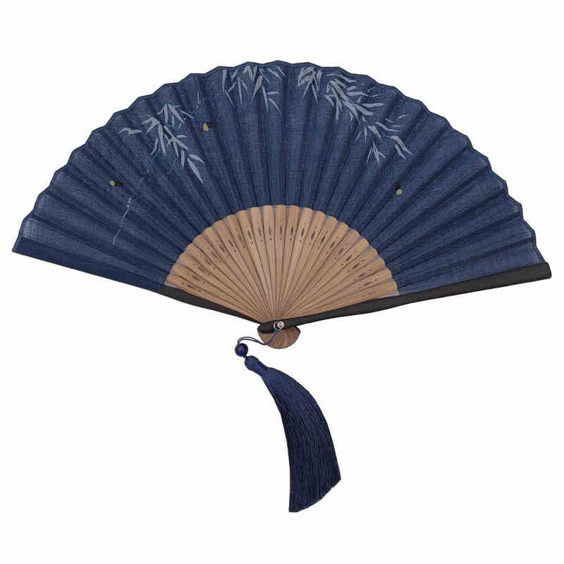 Abanico plegable de bambú con borlas y diseño de hojas de bambú y Buddha Stones