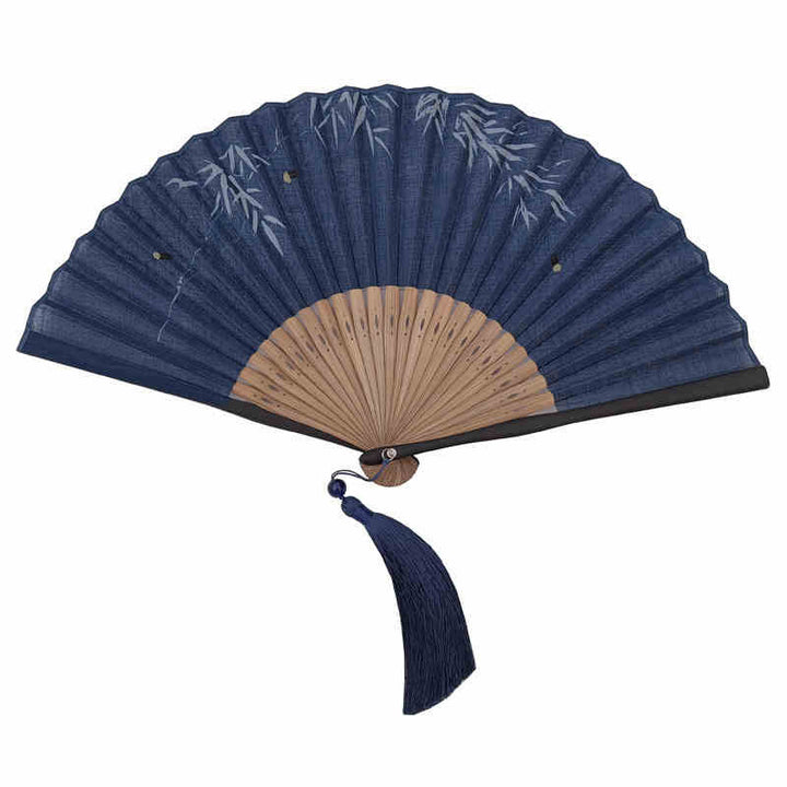 Abanico plegable de bambú con borlas y diseño de hojas de bambú y Buddha Stones