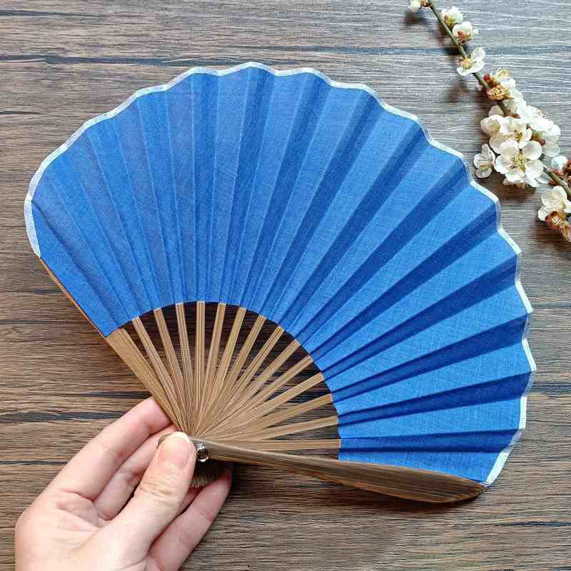 Abanico plegable de bambú de mano con forma de concha de color sólido retro con Buddha Stones - Azul 22 cm - image 16