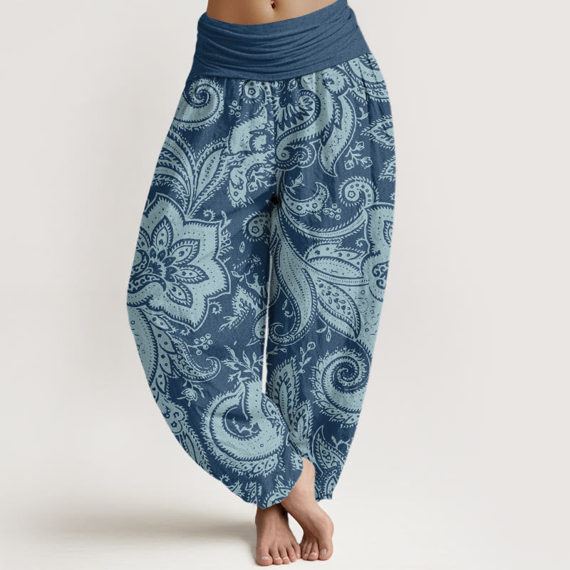 Pantalones harén con cintura elástica para mujer con estampados de cachemira y flores y Buddha Stones - Azul acero - US22，UK/AU26，EU54 (6XL) - image 0