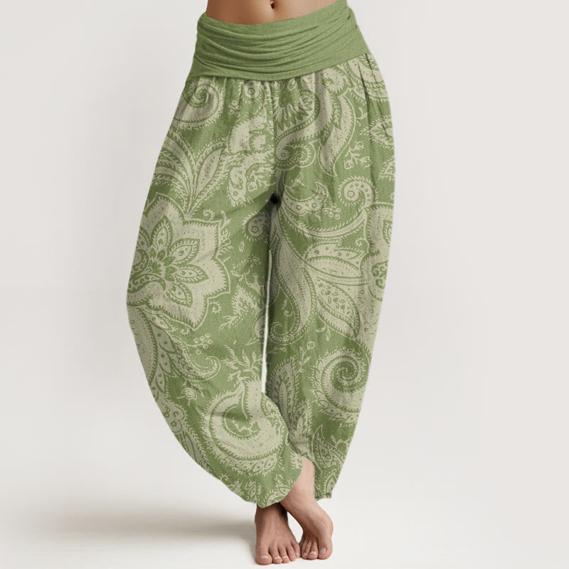 Pantalones harén con cintura elástica para mujer con estampados de cachemira y flores y Buddha Stones - Verde oliva - US22，UK/AU26，EU54 (6XL) - image 8