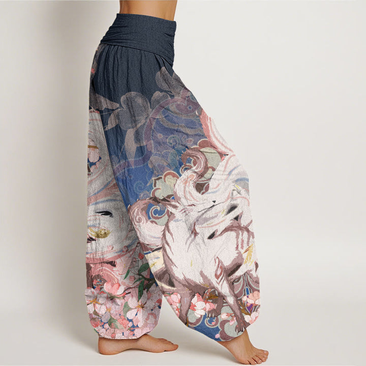 Pantalones bombachos de cintura elástica para mujer con estampado de flores de cerezo y piedras de Buddha Stones, de algodón y zorro. - image 1