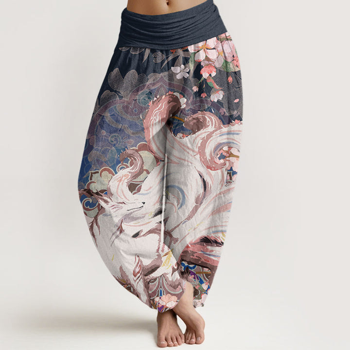 Pantalones harén con cintura elástica para mujer con diseño de flores de cerezo y zorros y Buddha Stones - Azul medianoche - US22，UK/AU26，EU54 (6XL) - image 1