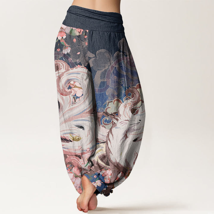 Pantalones harén con cintura elástica para mujer con diseño de flores de cerezo y zorros y Buddha Stones - image 3