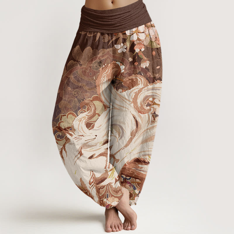 Pantalones harén con cintura elástica para mujer con diseño de flores de cerezo y zorros y Buddha Stones - SaddleBrown - US22，UK/AU26，EU54 (6XL) - image 5