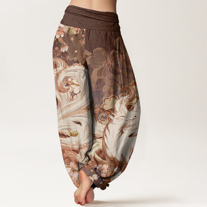 Pantalones harén con cintura elástica para mujer con diseño de flores de cerezo y zorros y Buddha Stones - image 7