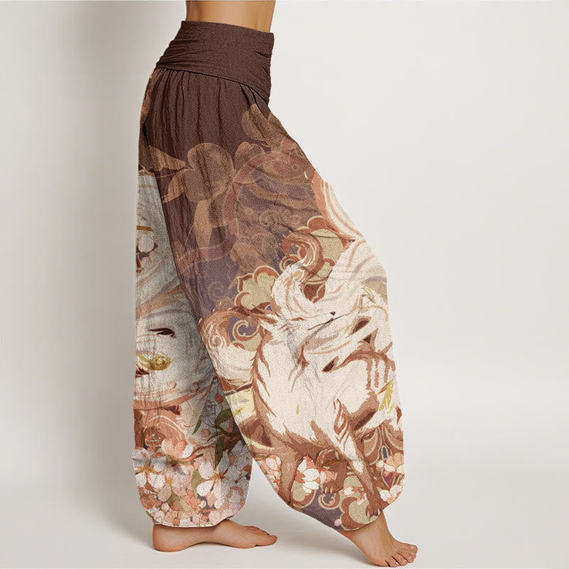 Pantalones bombachos de cintura elástica para mujer con estampado de flores de cerezo y piedras de Buddha Stones, de algodón y zorro. - image 5