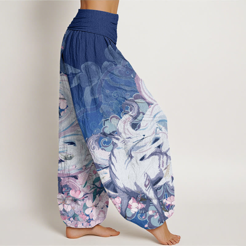 Pantalones harén con cintura elástica para mujer con diseño de flores de cerezo y zorros y Buddha Stones - image 9