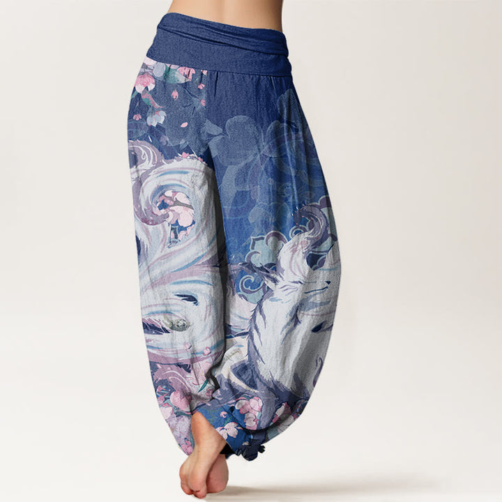 Pantalones harén con cintura elástica para mujer con diseño de flores de cerezo y zorros y Buddha Stones - image 10