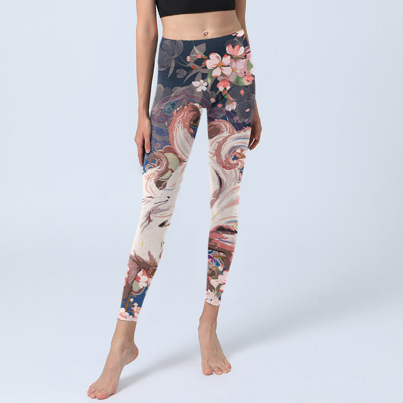Leggings deportivos para mujer con estampado de flores de cerezo y zorros y Buddha Stones - image 5