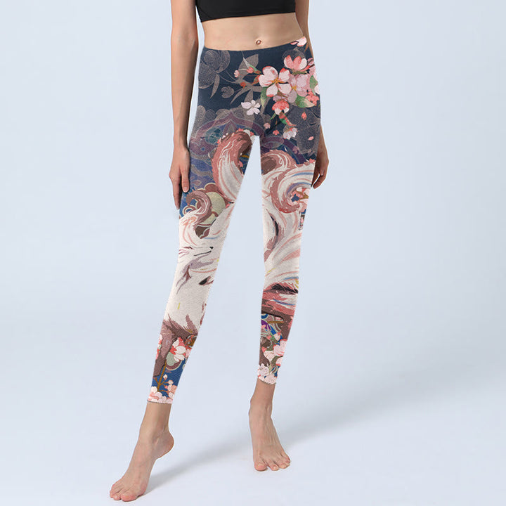 Leggings deportivos para mujer con estampado de flores de cerezo y zorros y Buddha Stones - image 5