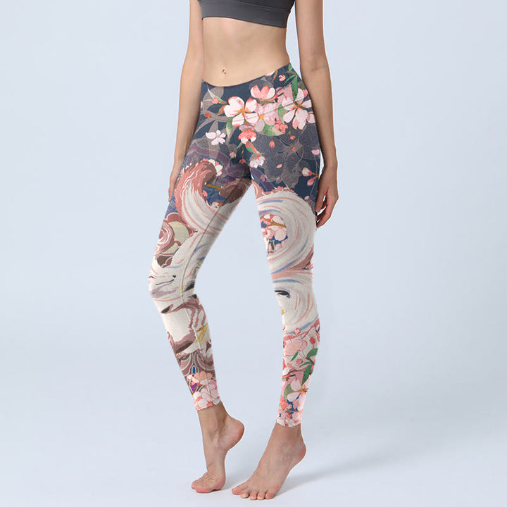 Leggings deportivos para mujer con estampado de flores de cerezo y zorros y Buddha Stones - Azul medianoche - US18，UK/AU22，EU50 (4XL) - image 0
