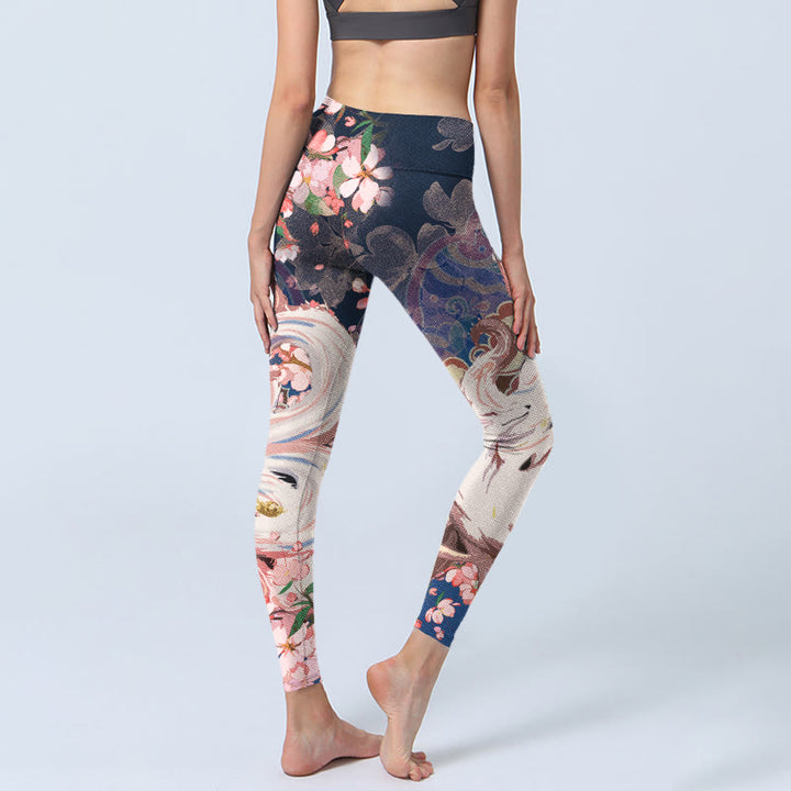 Leggings deportivos para mujer con estampado de flores de cerezo y zorros y Buddha Stones - image 4
