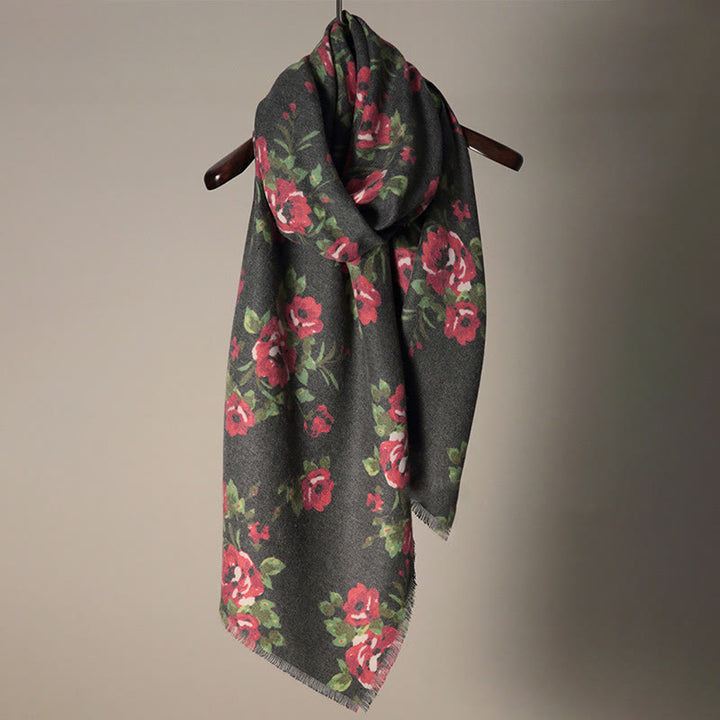 Chal de jardín con flores de rosas tibetanas y Buddha Stones, bufanda acogedora para otoño e invierno  - Gris y rojo, 200 x 60 cm - image 0