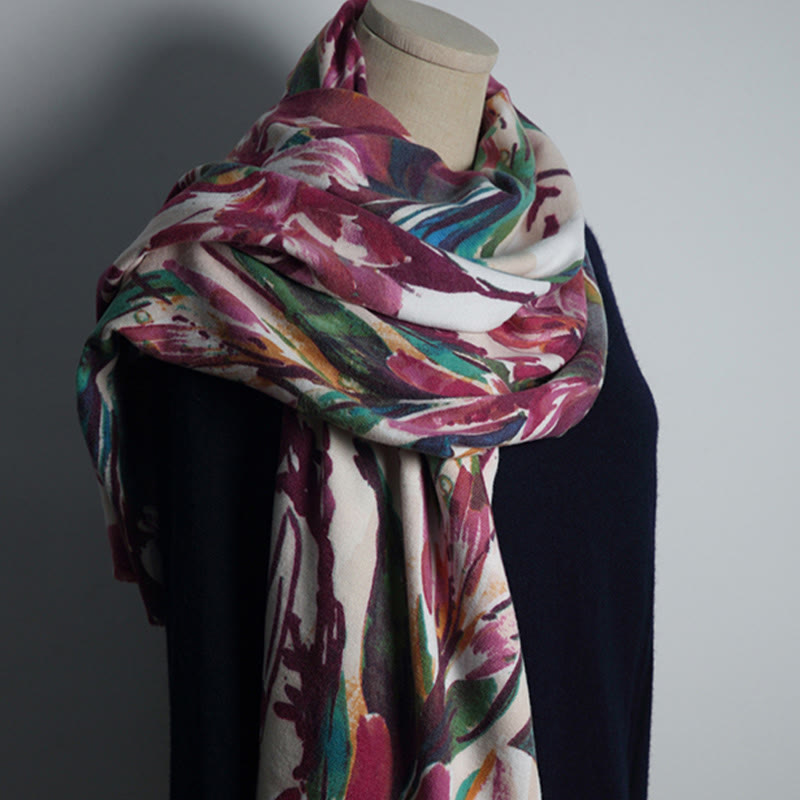 Chal con estampado de flores coloridas y dulces tibetanas con Buddha Stones para otoño e invierno, bufanda suave - Beige Medio Violeta Rojo 190*65cm - image 0
