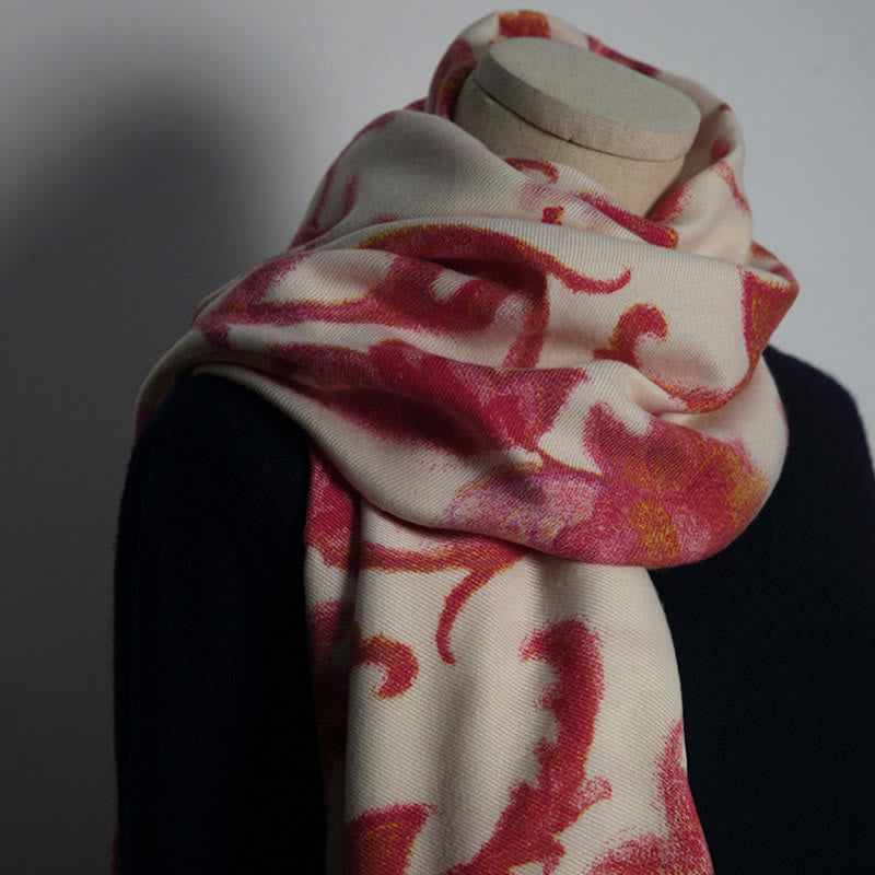 Chal con estampado de flores rojas tibetanas y Buddha Stones para otoño e invierno, suave y cálido