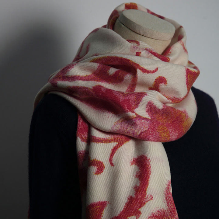 Chal con estampado de flores rojas tibetanas y Buddha Stones para otoño e invierno, suave y cálido