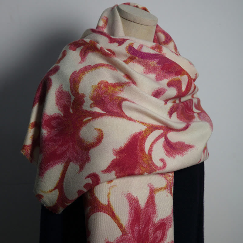 Chal con estampado de flores rojas tibetanas y Buddha Stones para otoño e invierno, suave y cálido - Beige Rojo 192*65cm - image 0